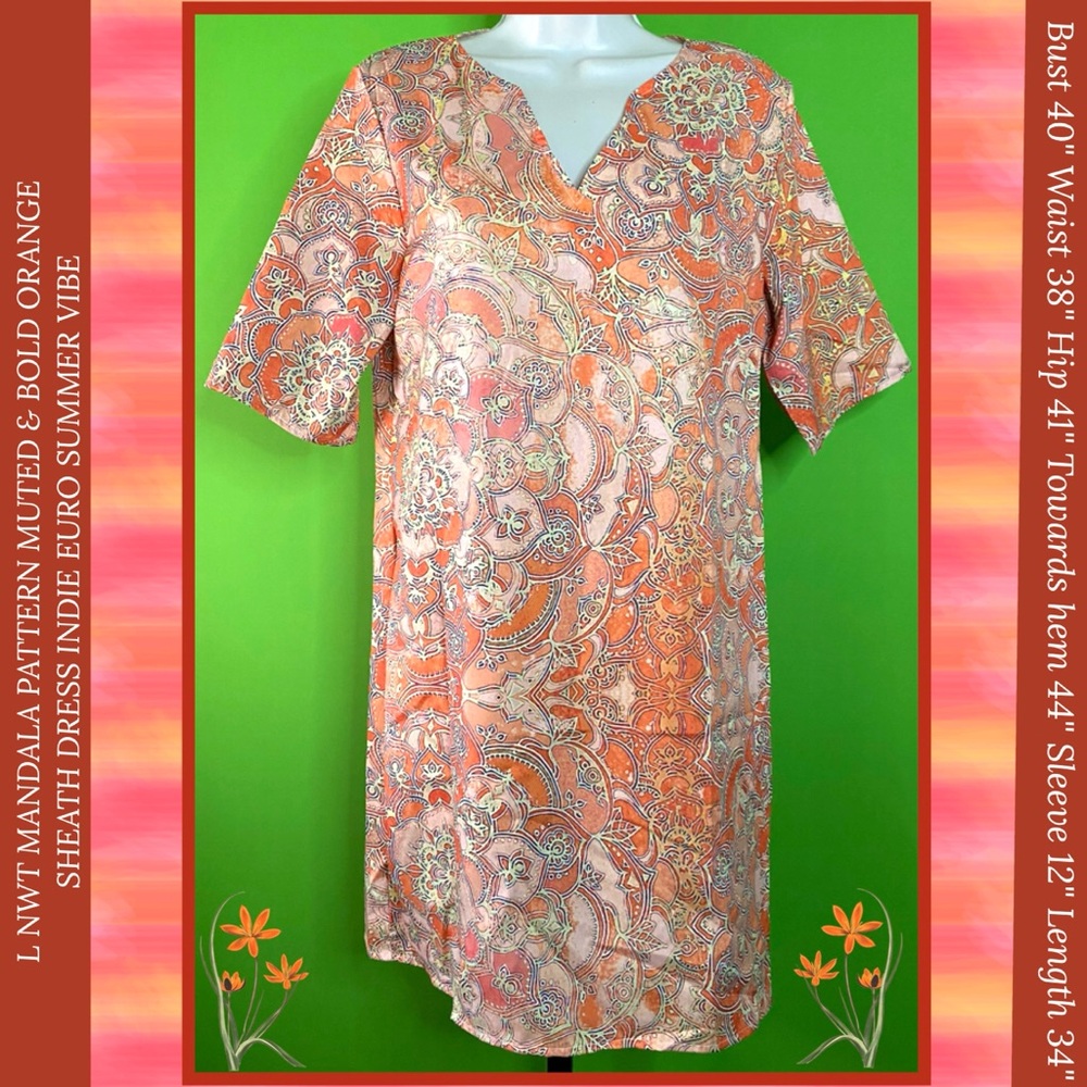 L NWT MANDALA PATTERN MUTED & BOLD ORANGE SHEATH DRESS INDIE